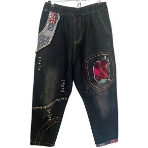 Boho Patchwork Pull Up Pants Blue Size Medium NWT